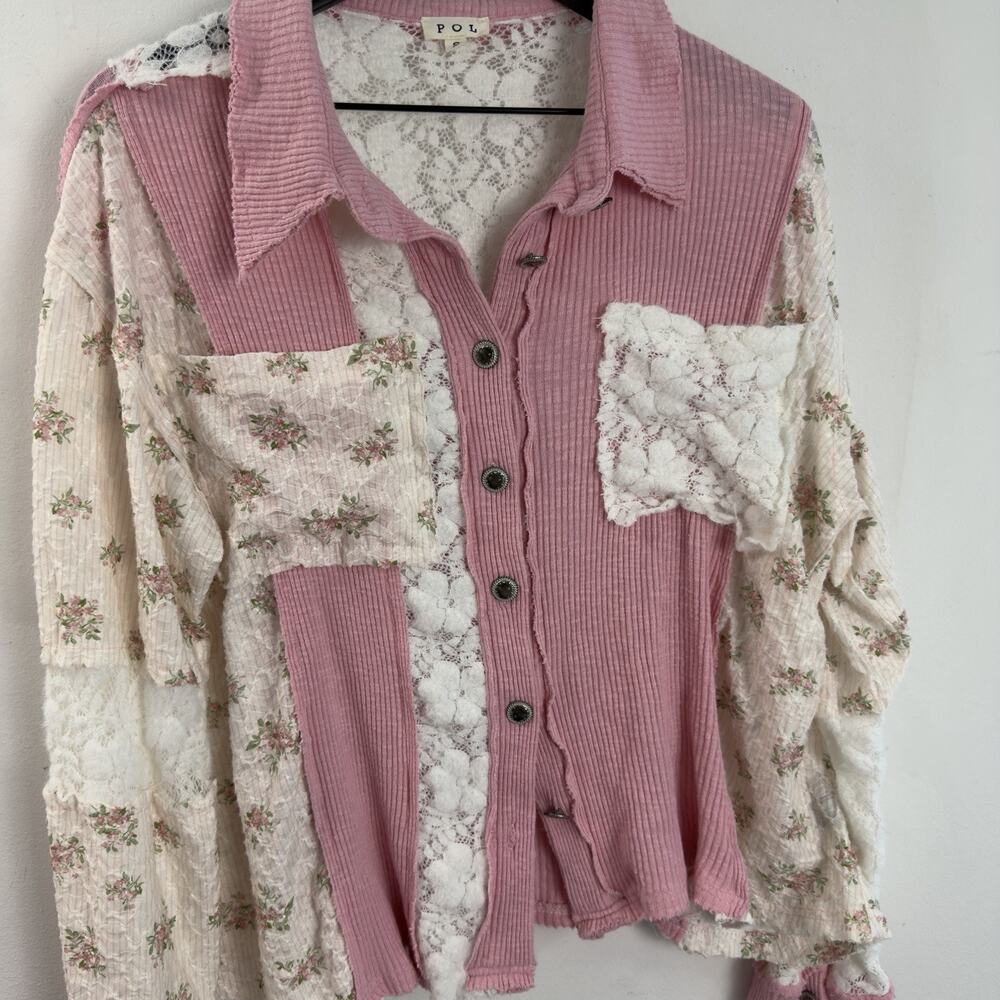 POL Women's Cream Button Down Lace Oversized Floral Shirt Size M - Picture 4 of 6
